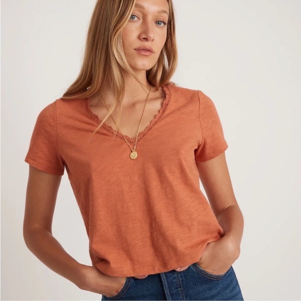 Marine Layer Women’s 100% Cotton Rhea Lace Trim V-Neck Tee Amber Brown Size XS